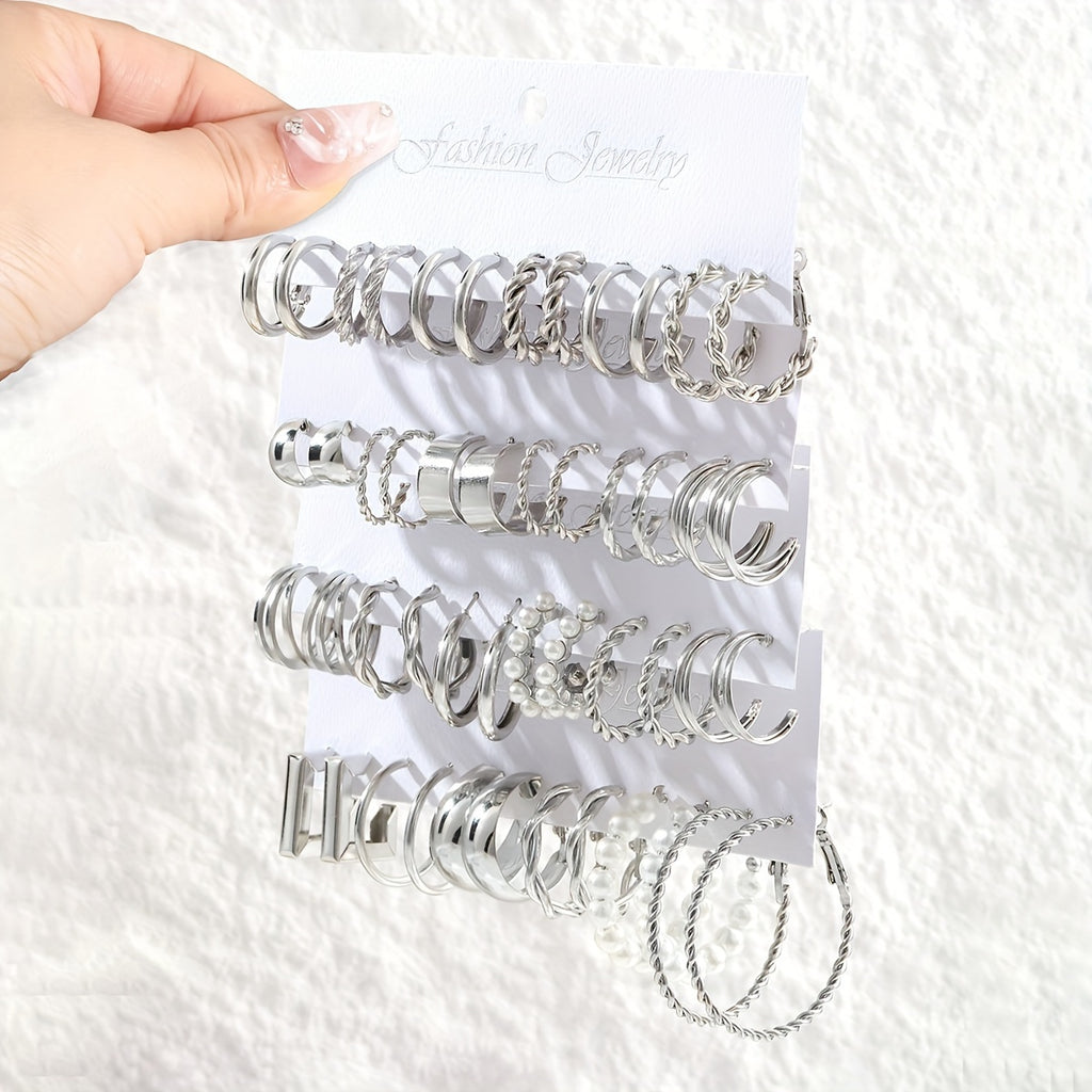 48pcs Big Hoop Earrings Set Creative Twist Design Inlaid Imitation Pearl