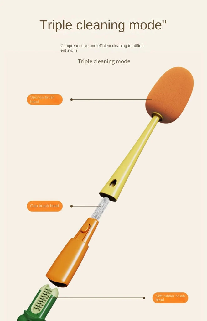 3-in-1 Multi-functional Cup Brush Carrot Shape Cleaning Brush, Sponge Brush Long Handle Water Bottle Cleaning