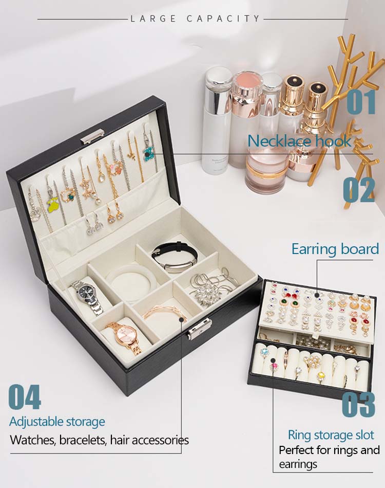 Double-Layer Jewelry Storage Box Multifunction Jewelry Organizer High Capacity Necklace Earring Bracelet Display Holder with Lock