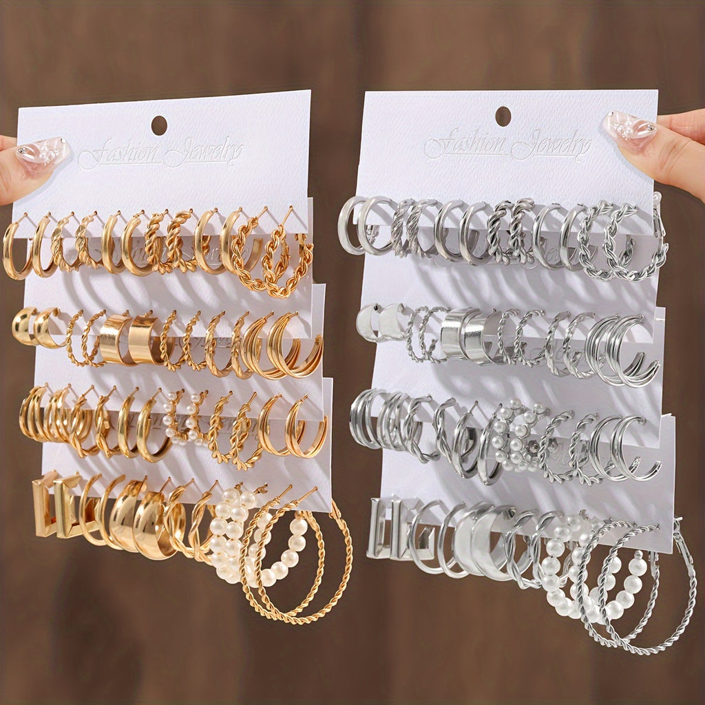 48pcs Big Hoop Earrings Set Creative Twist Design Inlaid Imitation Pearl