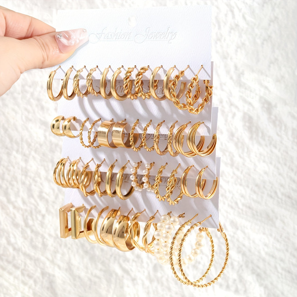 48pcs Big Hoop Earrings Set Creative Twist Design Inlaid Imitation Pearl