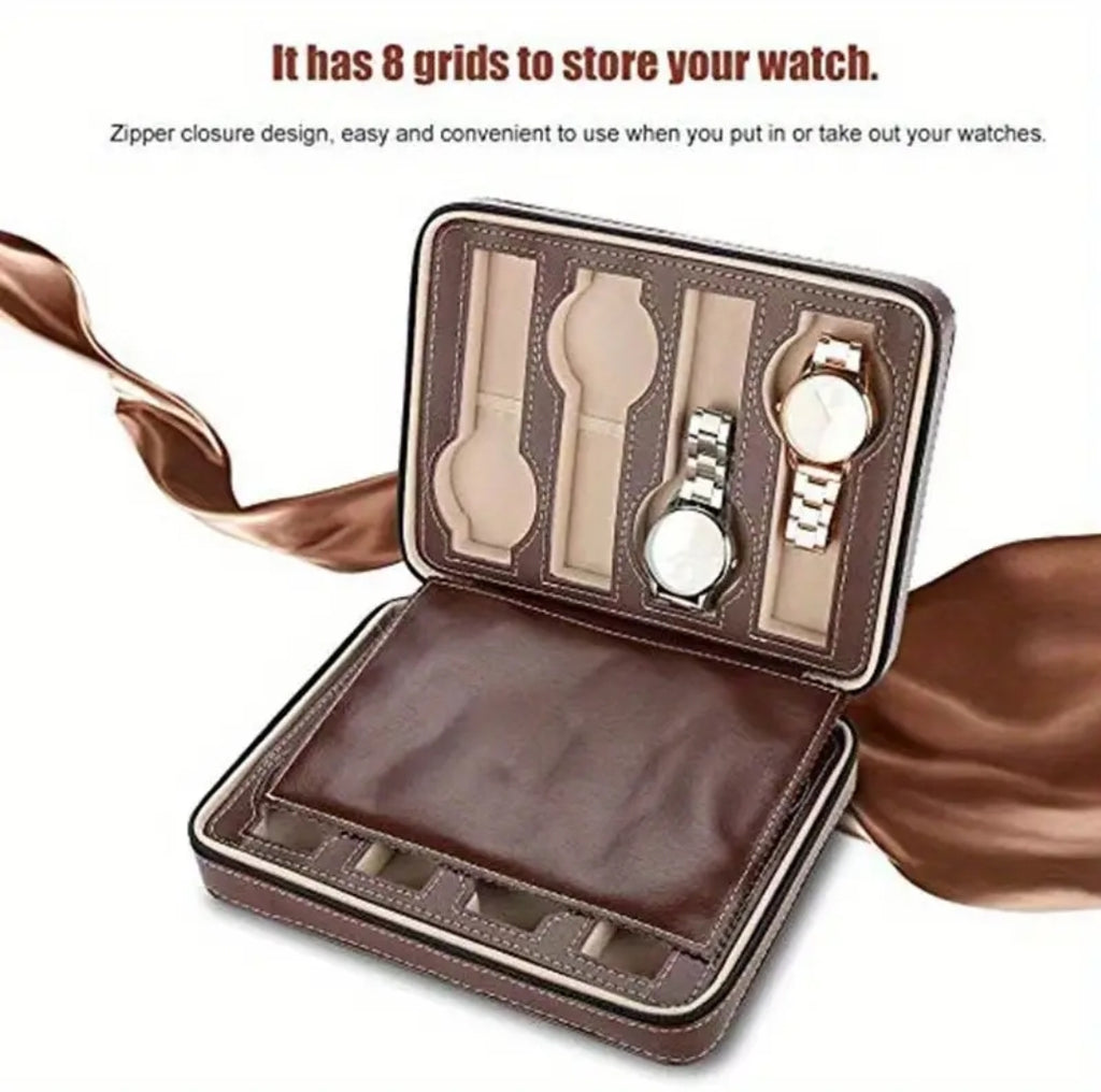 PU Leather Portable Watch Storage Bag with Zip  (8 Slots)