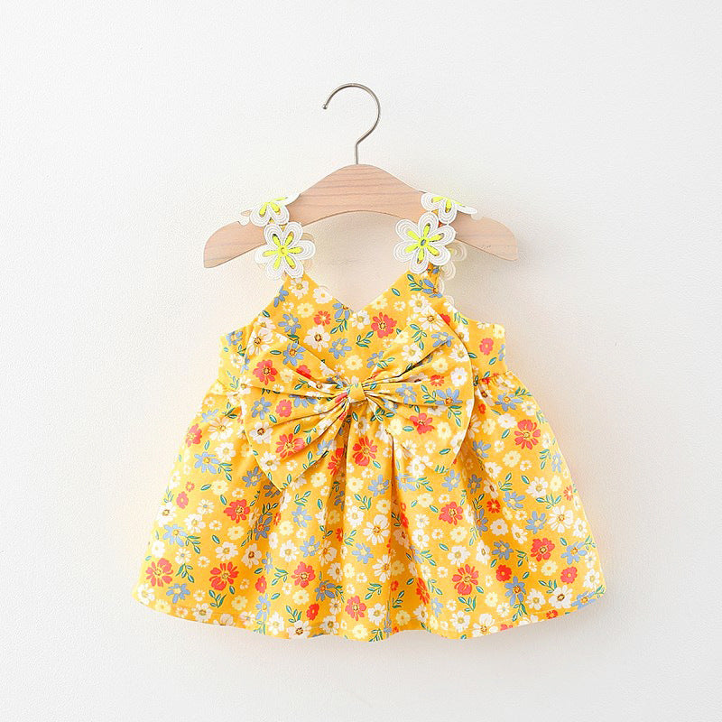 Summer Cotton Floral Print Flower Lace Strap Frock