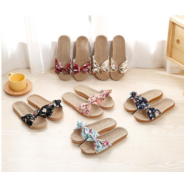 Summer Flax Bow Women Slipper