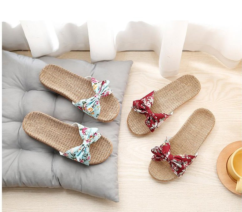 Summer Flax Bow Women Slipper