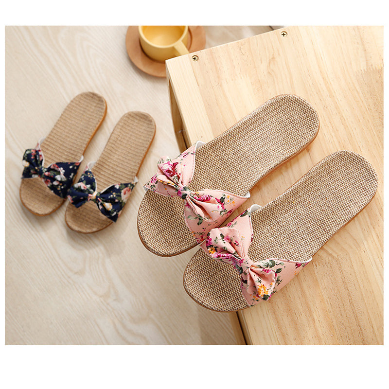 Summer Flax Bow Women Slipper