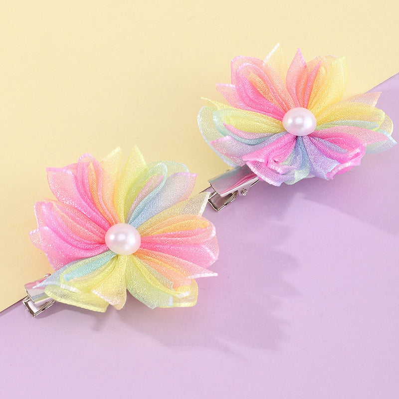 Colorful Pearl Flowers Girls Mesh Hair Clip Pair