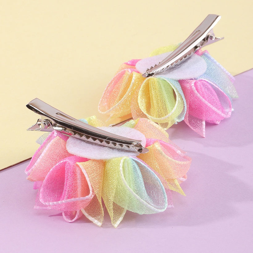 Colorful Pearl Flowers Girls Mesh Hair Clip Pair