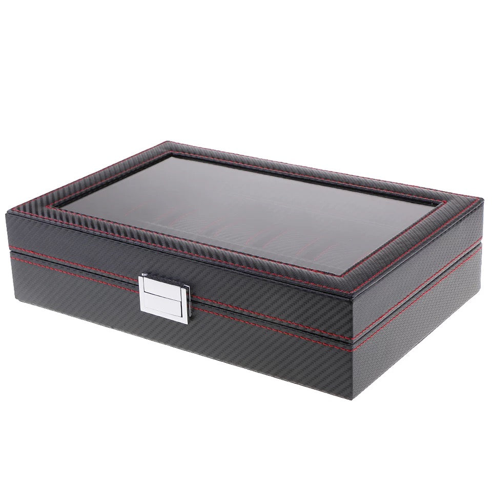 Carbon Fiber PU Leather Watch Storage Box (12 Slots)