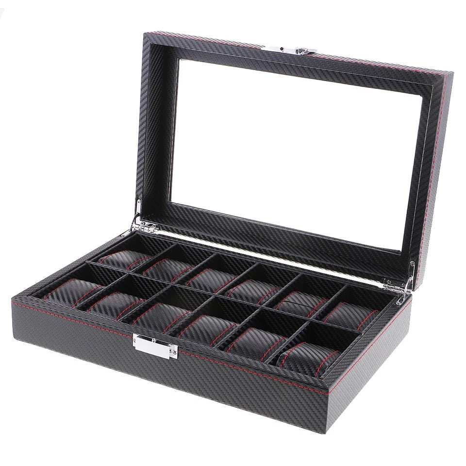 Carbon Fiber PU Leather Watch Storage Box (12 Slots)