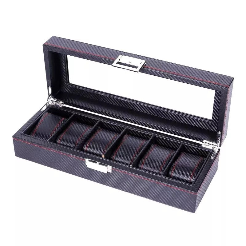 Carbon Fiber PU Leather Watch Storage Box (6 Slots)