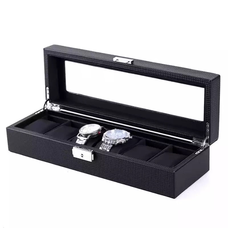 Carbon Fiber PU Leather Watch Storage Box (6 Slots)