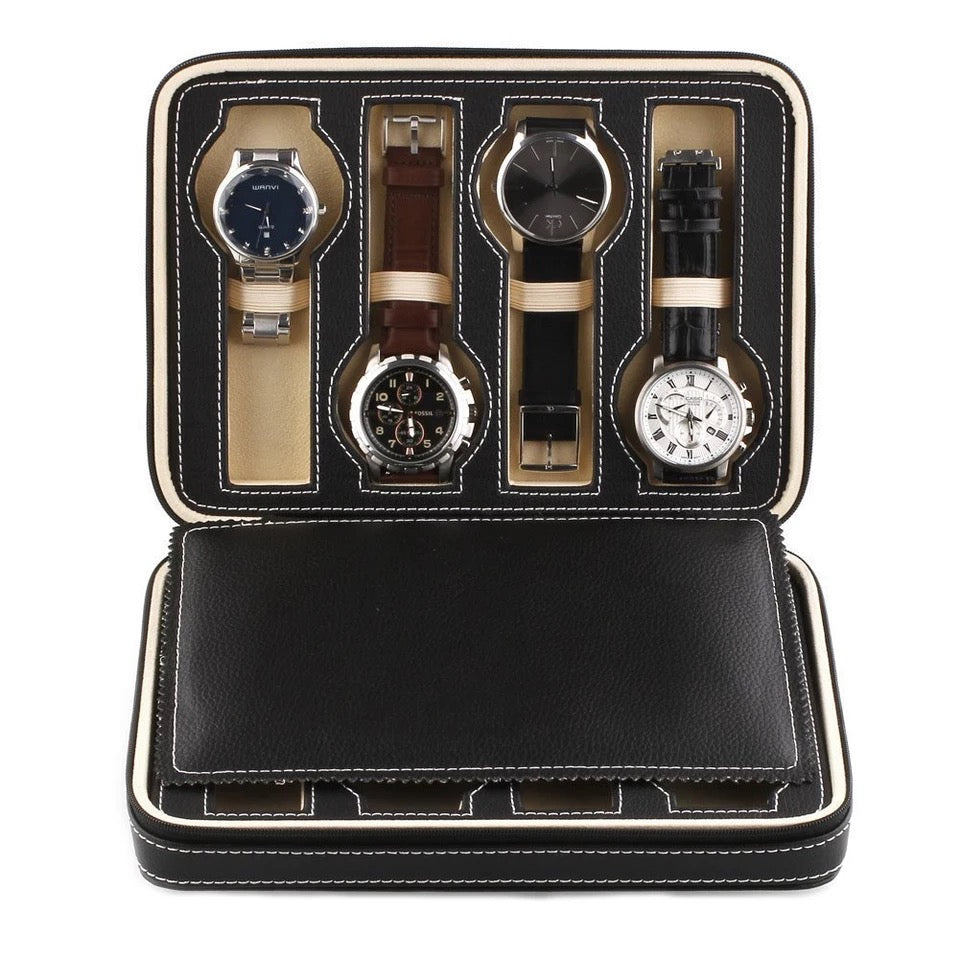 PU Leather Portable Watch Storage Bag with Zip  (8 Slots)