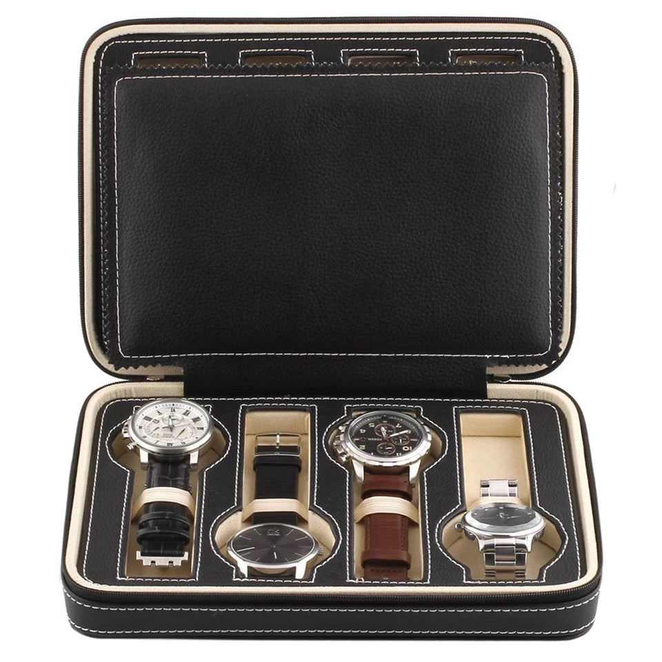 PU Leather Portable Watch Storage Bag with Zip  (8 Slots)