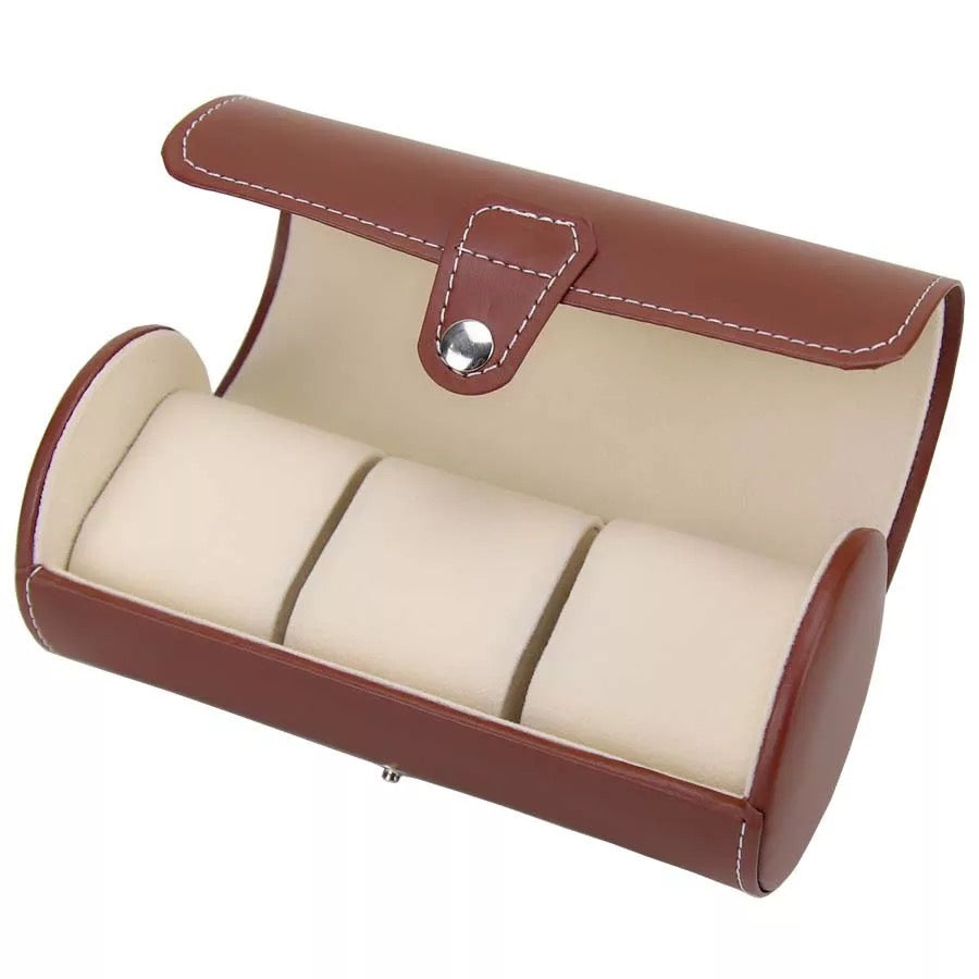 PU Leather Watch Box Cylinder 3 Slot