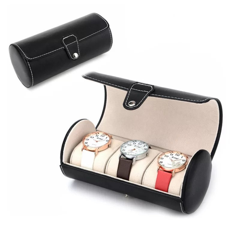 PU Leather Watch Box Cylinder 3 Slot