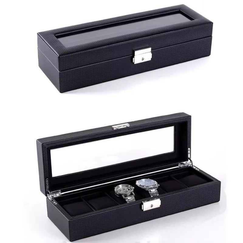 Carbon Fiber PU Leather Watch Storage Box (6 Slots)