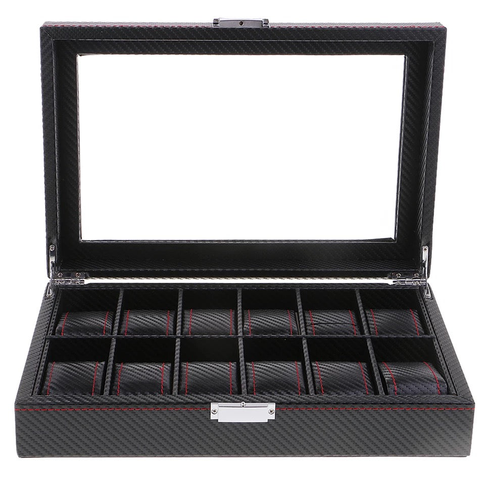 Carbon Fiber PU Leather Watch Storage Box (12 Slots)