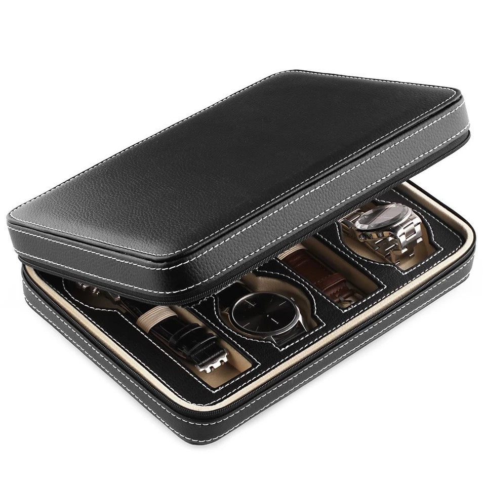 PU Leather Portable Watch Storage Bag with Zip  (8 Slots)