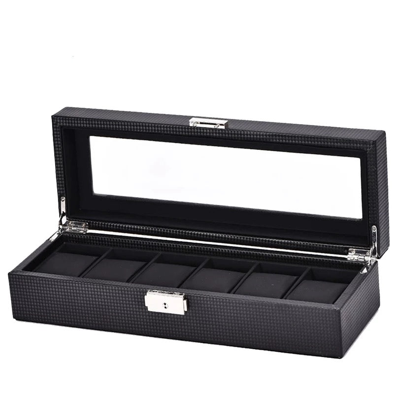 Carbon Fiber PU Leather Watch Storage Box (6 Slots)
