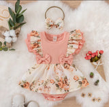 Ruffled Floral Pink Romper With Matching Headband