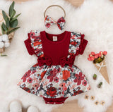 Ruffled Floral Maroon Romper With Matching Headband