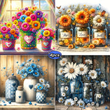 4-Pack Floral Diamond Painting Kit | 20×20cm | Full Round Drills | 5D DIY Wall Art for Adults & Beginners