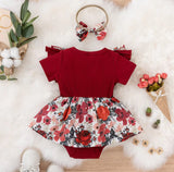 Ruffled Floral Maroon Romper With Matching Headband