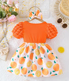 Pre-Order Fruit Print Dress With Ruffled Sleeves & Matching Headband