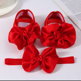 Soft Sole Silky Bowknot Shoes With Headband