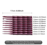Bamboo-Shaped Aluminum Crochet Hooks, Rose Pink, Handcrafted (9pcs)