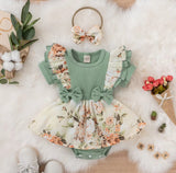 Ruffled Floral Sea green Romper With Matching Headband