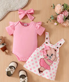 Pre-Order 3pcs Pink & White Romper With Bear Print Suspender Dress+Headband