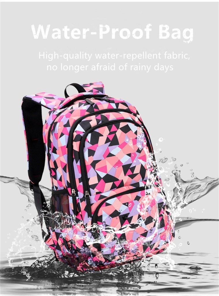 Girls Geometric Pattern Functional Bagpack with Pencil and Lunch Box (3 in 1)