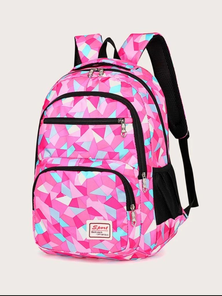Girls Geometric Pattern Functional Bagpack with Pencil and Lunch Box (3 in 1)