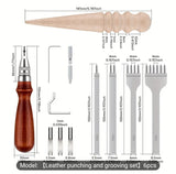 6pcs Leather Punching and Sewing DIY Kit, Manual Operation, with Wood Handle, Steel and Iron Tools Set