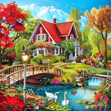 Red Villa Bridge Water Flower Landscape Cross-Stitch Kit 36x36cm