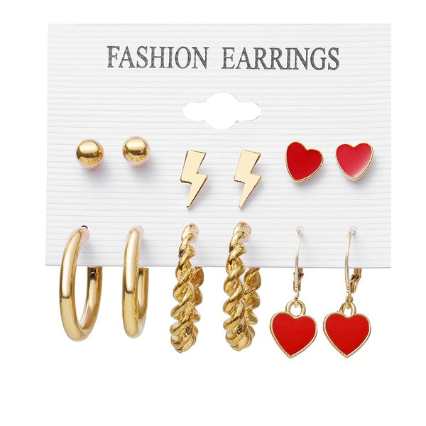 Red Heart Shaped Earrings Set - 6 Pairs