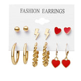 Red Heart Shaped Earrings Set - 6 Pairs