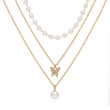 Pearl Diamond Butterfly Pendant Three Layer Necklace