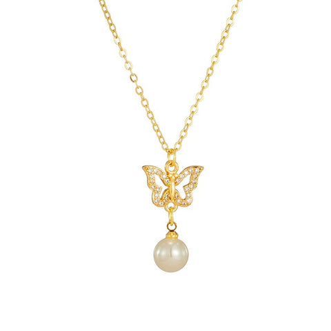 14k Gold Simple Pearl Butterfly Zircon Copper Necklace