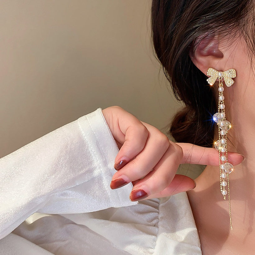 Pearl Crystal Bow Long Earrings