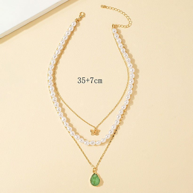 Pearl Natural Stone Butterfly Pendent Multilayer Clavicle Chain