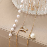 Pearl Diamond Butterfly Pendant Three Layer Necklace