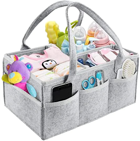 Baby Diaper Caddy Organizer, Foldable Felt Storage Bag with Multi Pockets and Flexible Compartments