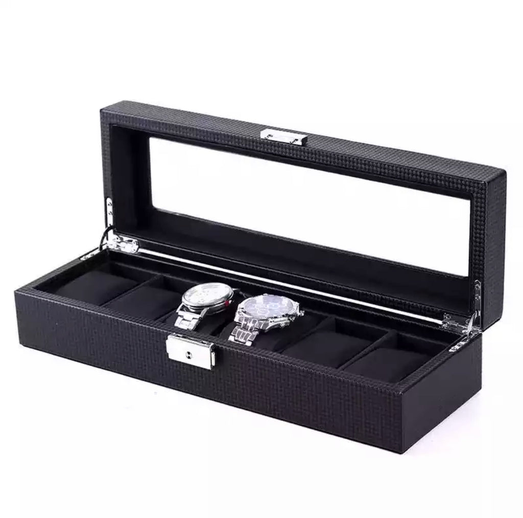 Carbon Fiber PU Leather Watch Storage Box (6 Slots)