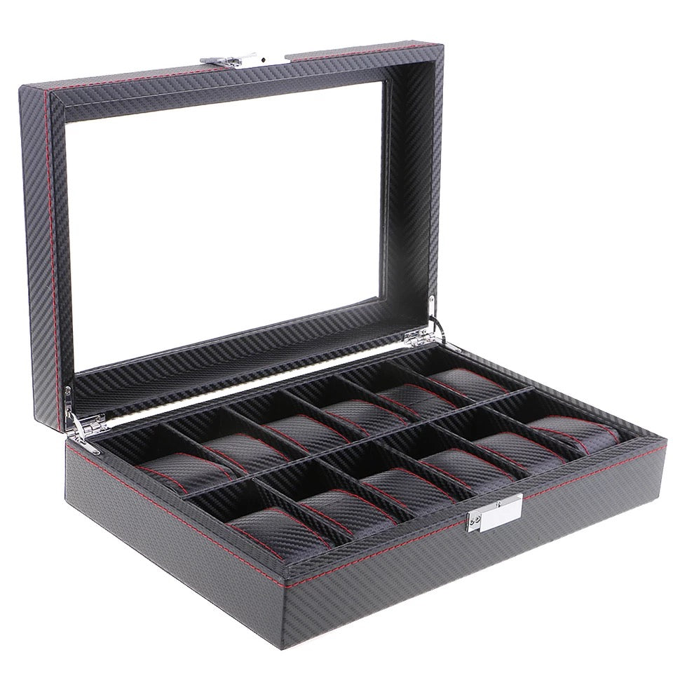 Carbon Fiber PU Leather Watch Storage Box (12 Slots)